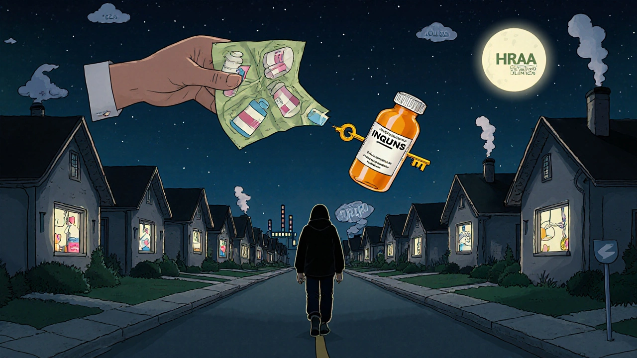 A person walks down a surreal street with medication-filled windows as a giant pill-hand offers a key.