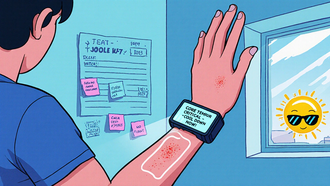 A person wearing a smart device that alerts them to rising body temperature during yoga in a cool room, with fading hives visible.