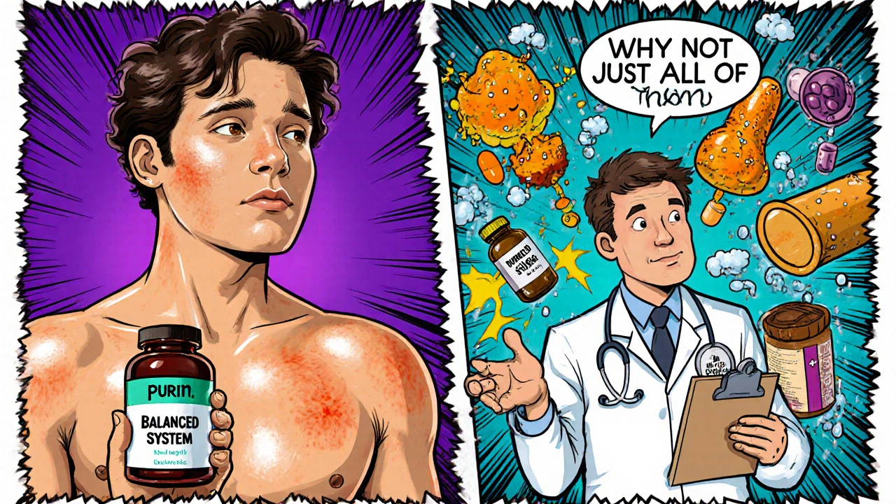 A person with clear skin beside a chaotic explosion of single supplements, with a shrugging doctor.