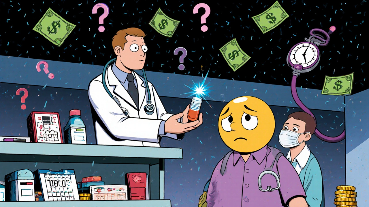 A pharmacist on a floating shelf gives a generic pill to a confused patient while doctors juggle health metrics and money.