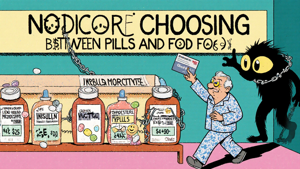 A pharmacy shelf with low-cost generic pills and a shrinking deductible monster, while a senior walks away happily.