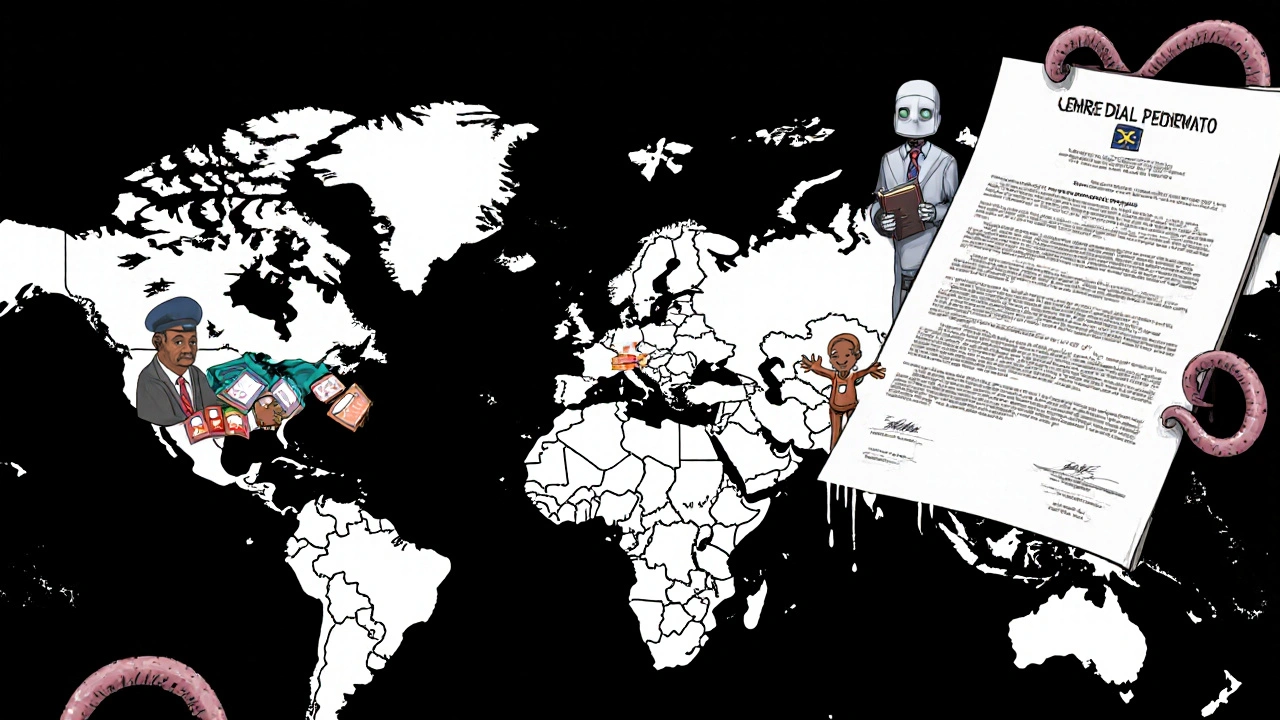 A satirical global map where countries are characters enforcing different drug exclusivity rules, with a patient reaching for medicine under a trade deal tentacle.