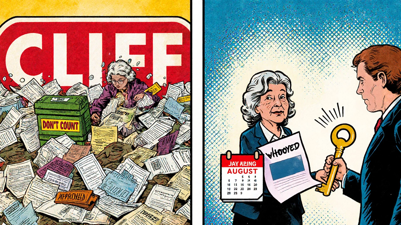 A senior surrounded by financial documents as a cliff looms, then smiling as a counselor hands her an approval key.