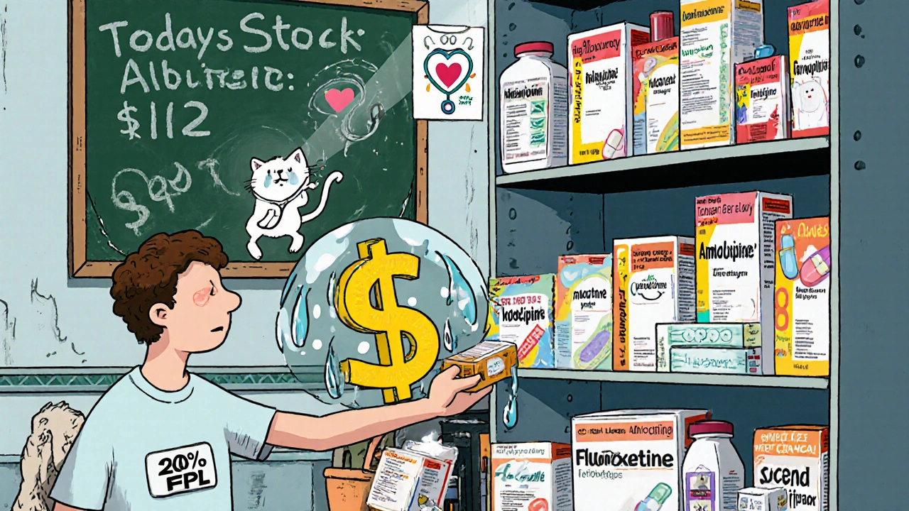 A tiny clinic shelf holds oversized generic drug boxes with a crying dollar sign in the corner.