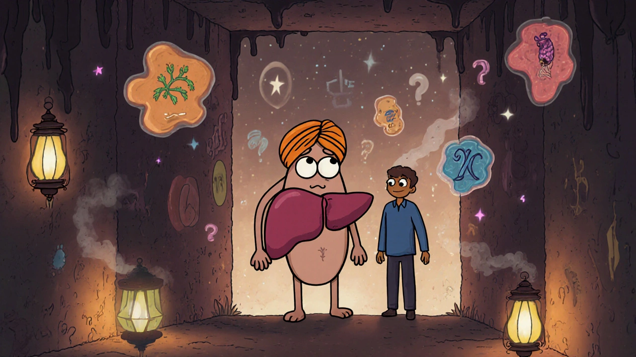 An anthropomorphic liver guiding a person through a detox maze with helpful herbal sidekicks.