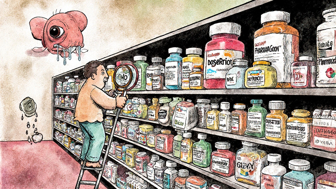 An infinite pharmacy shelf with wildly different generic pills, a person checking labels, and a nervous thyroid gland watching.