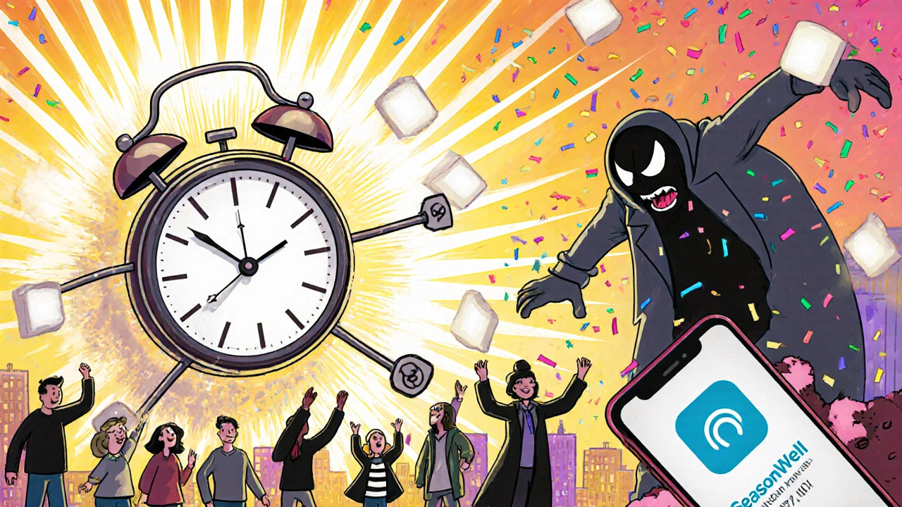 Clock alarm launches sunlight wave as people rise, chasing away a shadowy SAD monster.