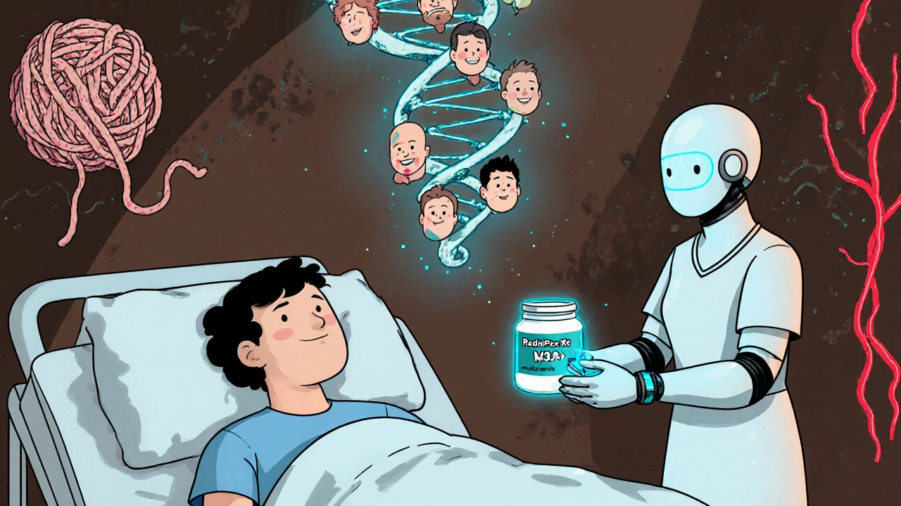 DNA helix transforms into personalized skin care plan, with robotic nurse handing patient a topical treatment and wearable device.