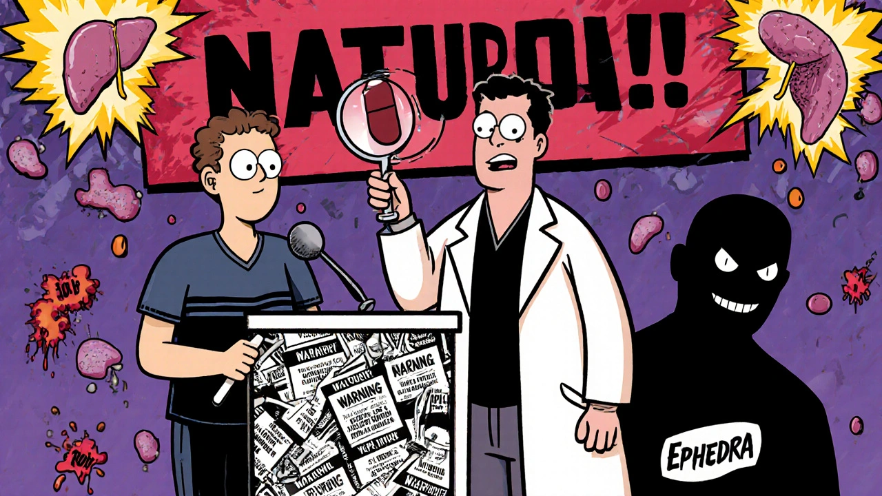 Doctor holding up a cranberry pill as giant &#039;100% NATURAL&#039; banner collapses