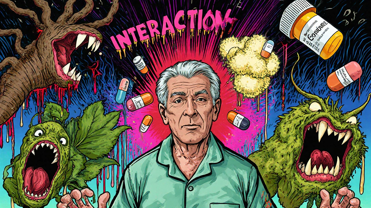 Elderly man surrounded by menacing plant monsters interacting with prescription meds