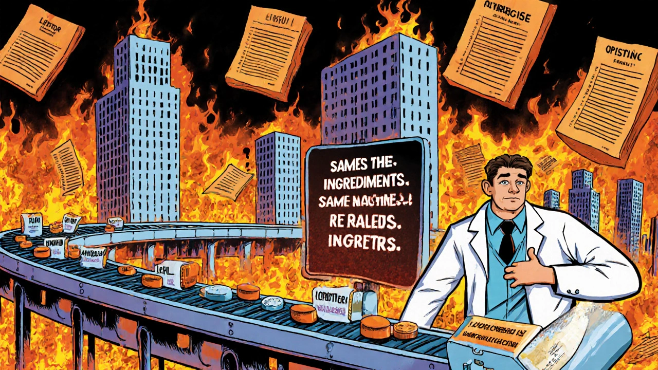 Factory conveyor belt with identical pills labeled differently under surreal pill skyscrapers.