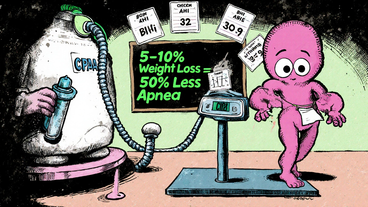 Giant CPAP machine weighing a shrinking person as medical charts show dramatic AHI reduction.