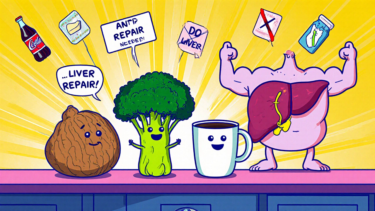 Heroic walnut, broccoli, and coffee cup standing in a kitchen, with a happy liver stretching behind them, cartoon style.