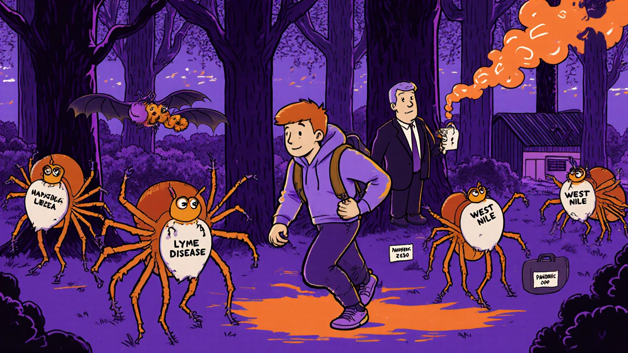 Hiker chased by giant ticks through a glowing forest with deforested trees turning into hospital beds.