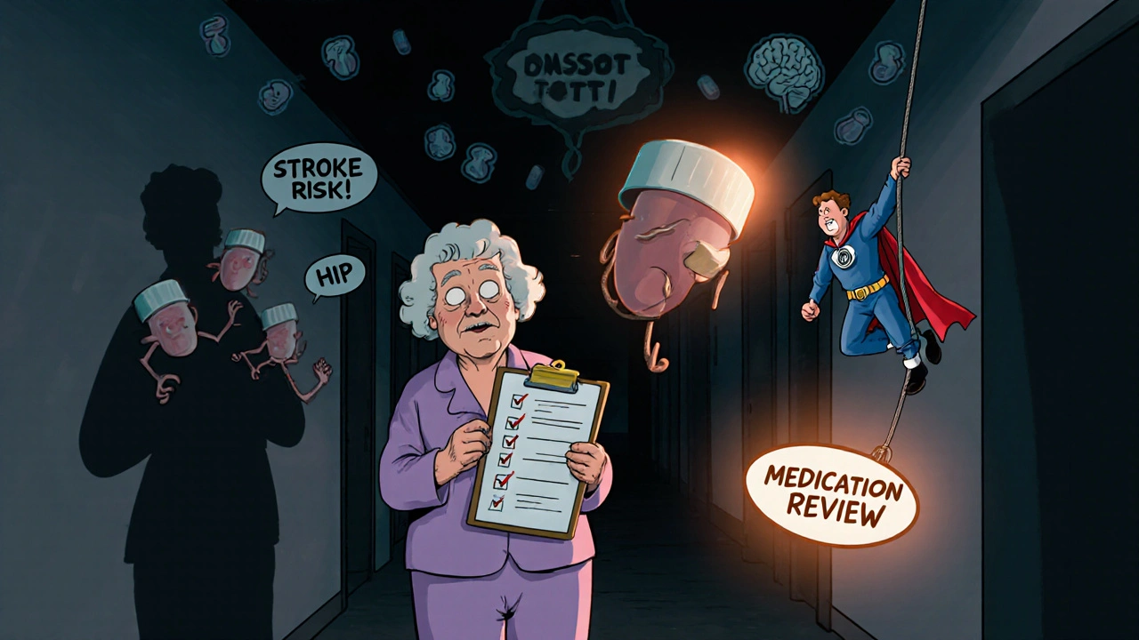 Older woman chased by giant dangerous drug pills, rescued by a superhero pharmacist.