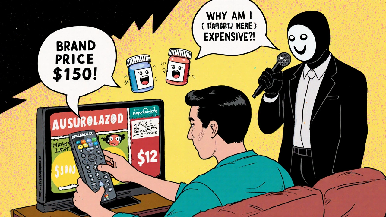 Patient on couch watching TV with price contrasts as shadowy corporate figure whispers.