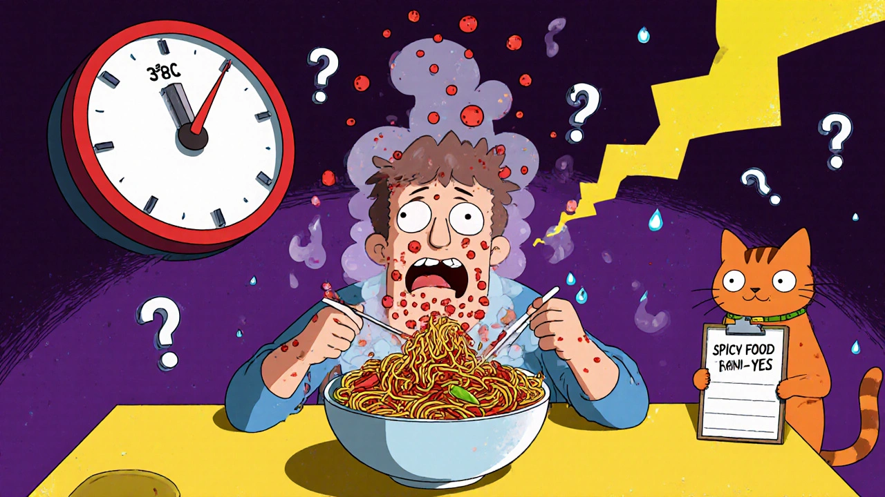 Someone eating spicy food as capsaicin molecules trigger red bumps, with a thermometer and cat observing the reaction.