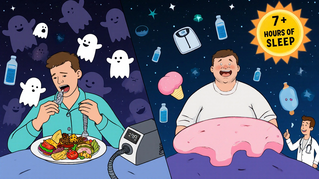 Split scene: man eating late-night snacks vs. same man sleeping peacefully with lower CPAP pressure.