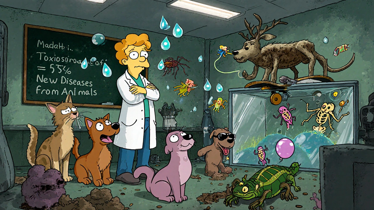 Veterinarian surrounded by cartoonish parasites and bacteria in a chaotic animal hospital.