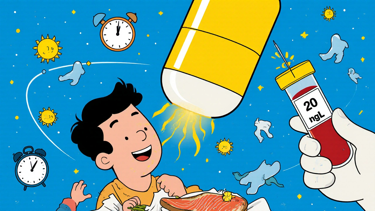 Vitamin D sunbeam pill hovering over someone eating salmon, with clocks and sun icons orbiting.