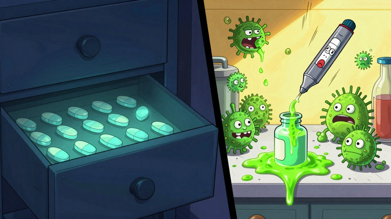 A bedroom drawer with intact pills next to a leaking antibiotic bottle with cartoon bacteria growing.
