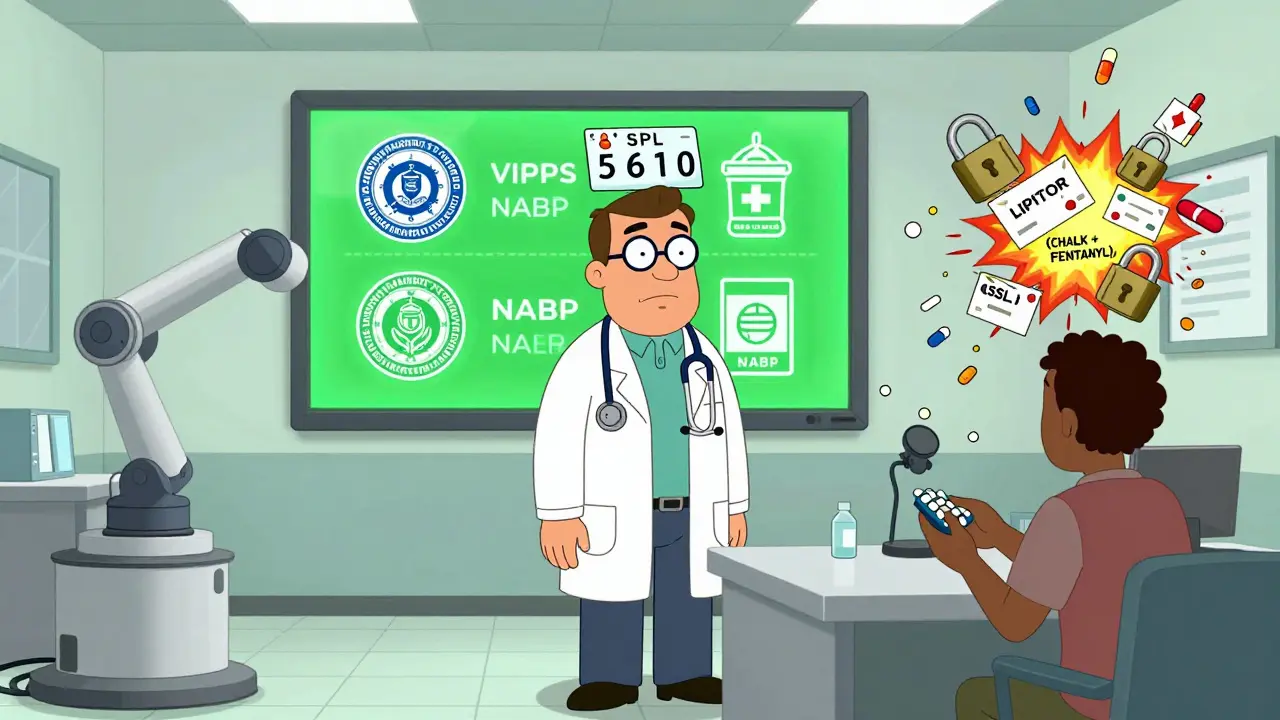 A calm licensed pharmacist beside verified badges, contrasted with a chaotic rogue pharmacy exploding in counterfeit pills.