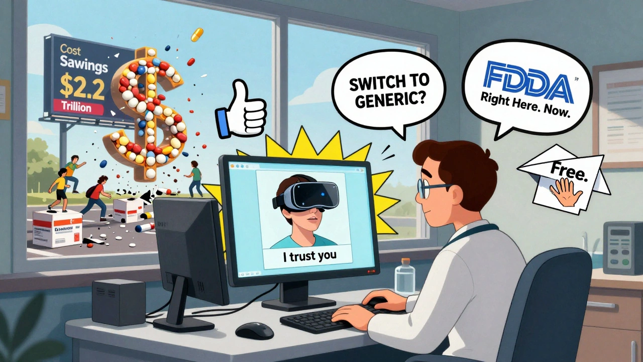 A clinician is bombarded by AI pop-ups promoting generics, a VR patient smiles, and a pill-shaped dollar sign crashes through the window.