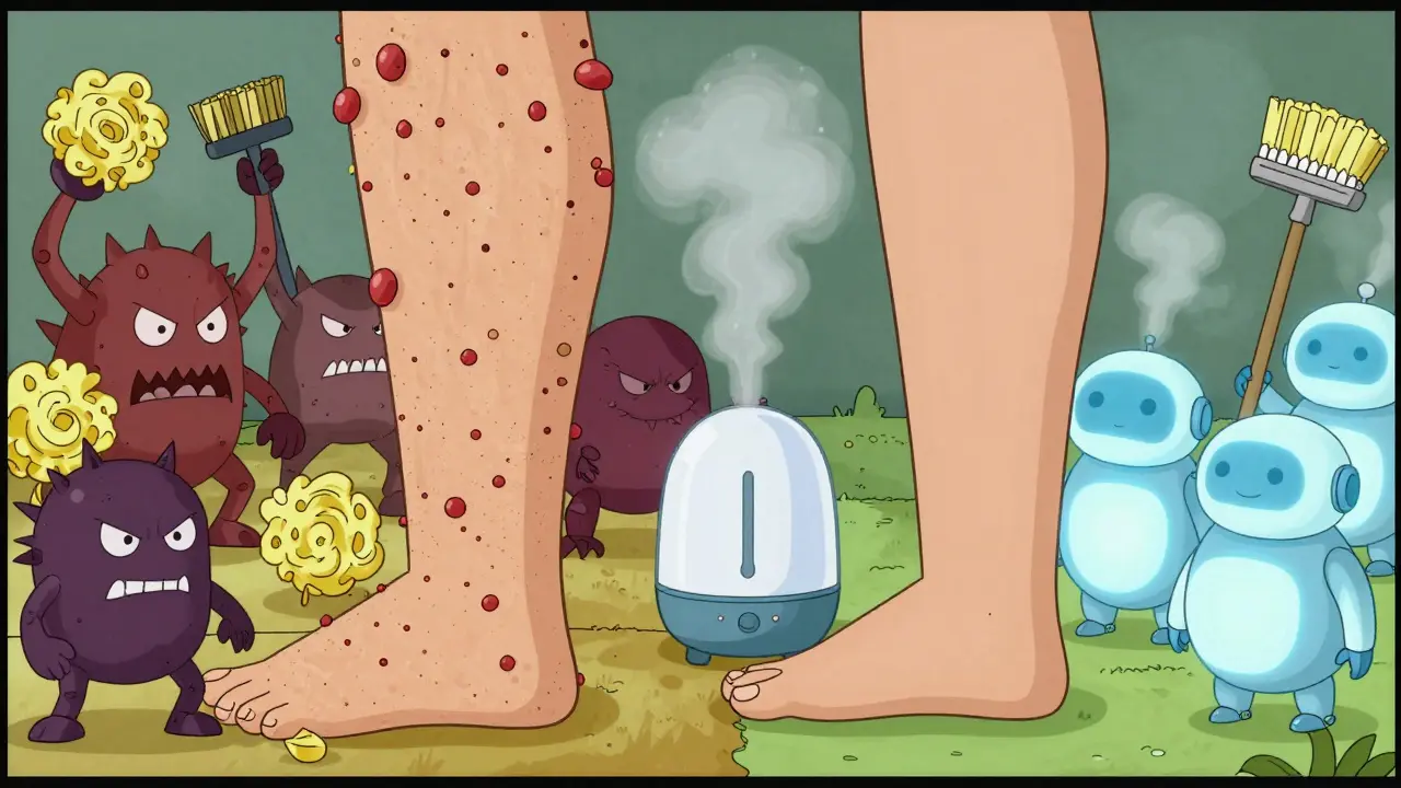 A comedic battle between harsh scrubs and gentle exfoliants on skin, with a humidifier as a peaceful guardian.