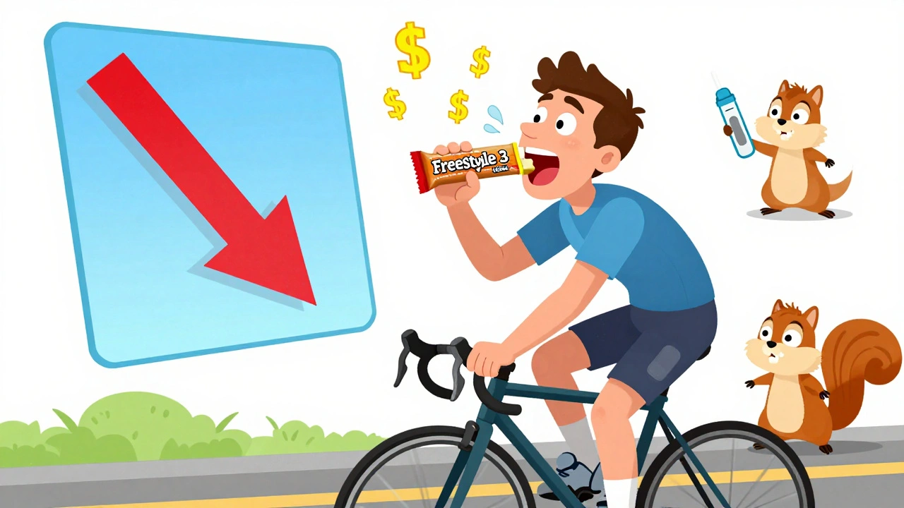 A cyclist riding fast with a glucose HUD above them, eating a huge energy bar as sugar drops, cartoon style.