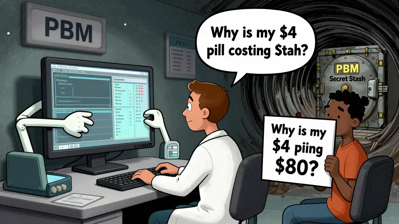 A doctor using a computer system that reveals hidden rebates flowing into a secret vault, while a patient holds a sign questioning drug prices.