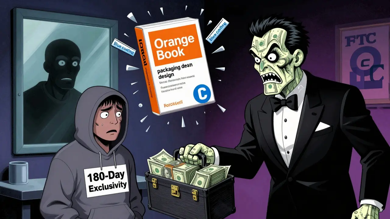 A drug CEO pays a generic maker to delay entry, with a giant Orange Book covered in irrelevant patents.