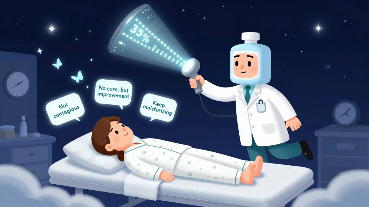 A floating dermatologist’s office in space, with LED light therapy and floating FAQs above a relaxed patient.