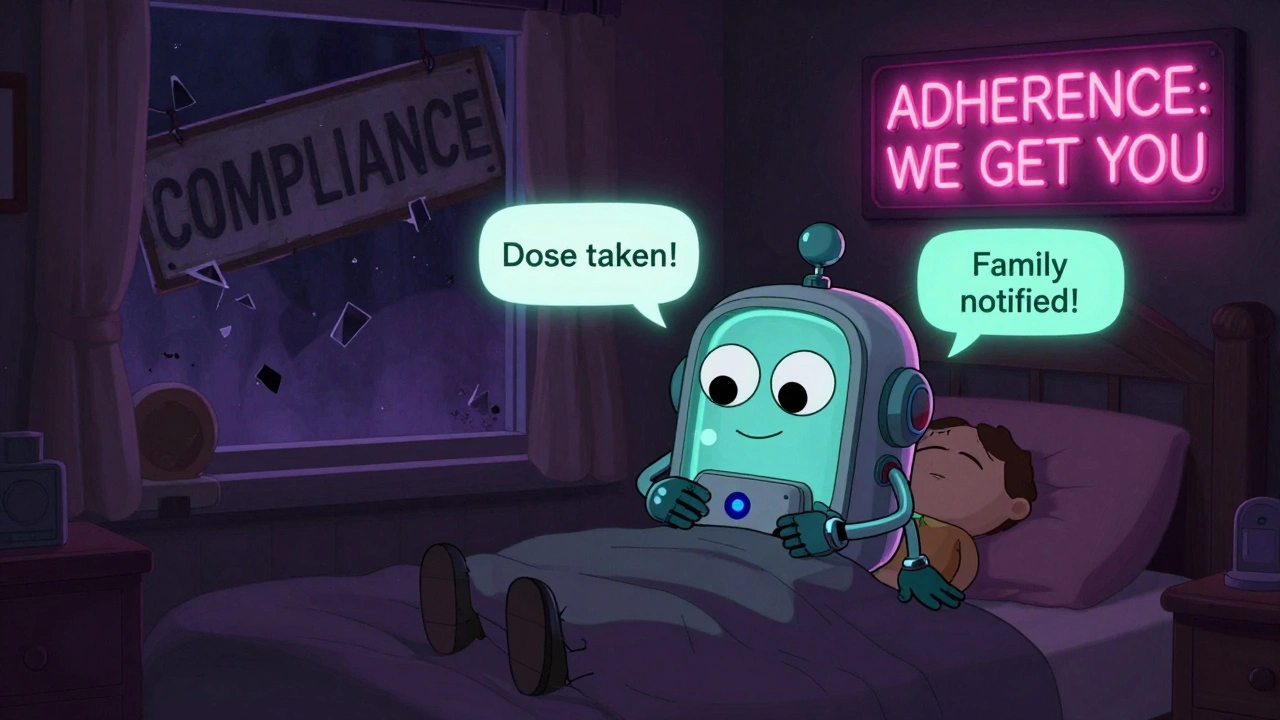 A friendly smart pill dispenser hugging a patient as &#039;COMPLIANCE&#039; crumbles and &#039;ADHERENCE&#039; glows.