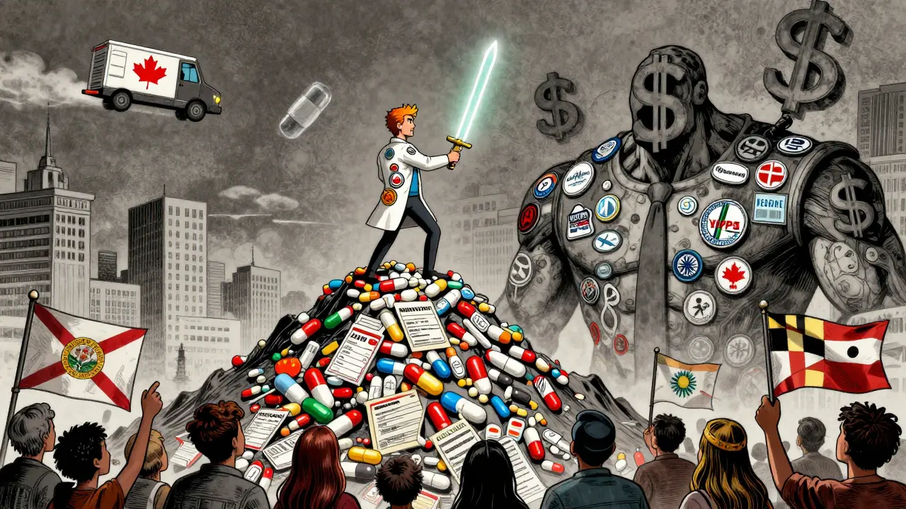 A hero in a VIPPS badge coat fights a dollar-sign monster while citizens cheer below.