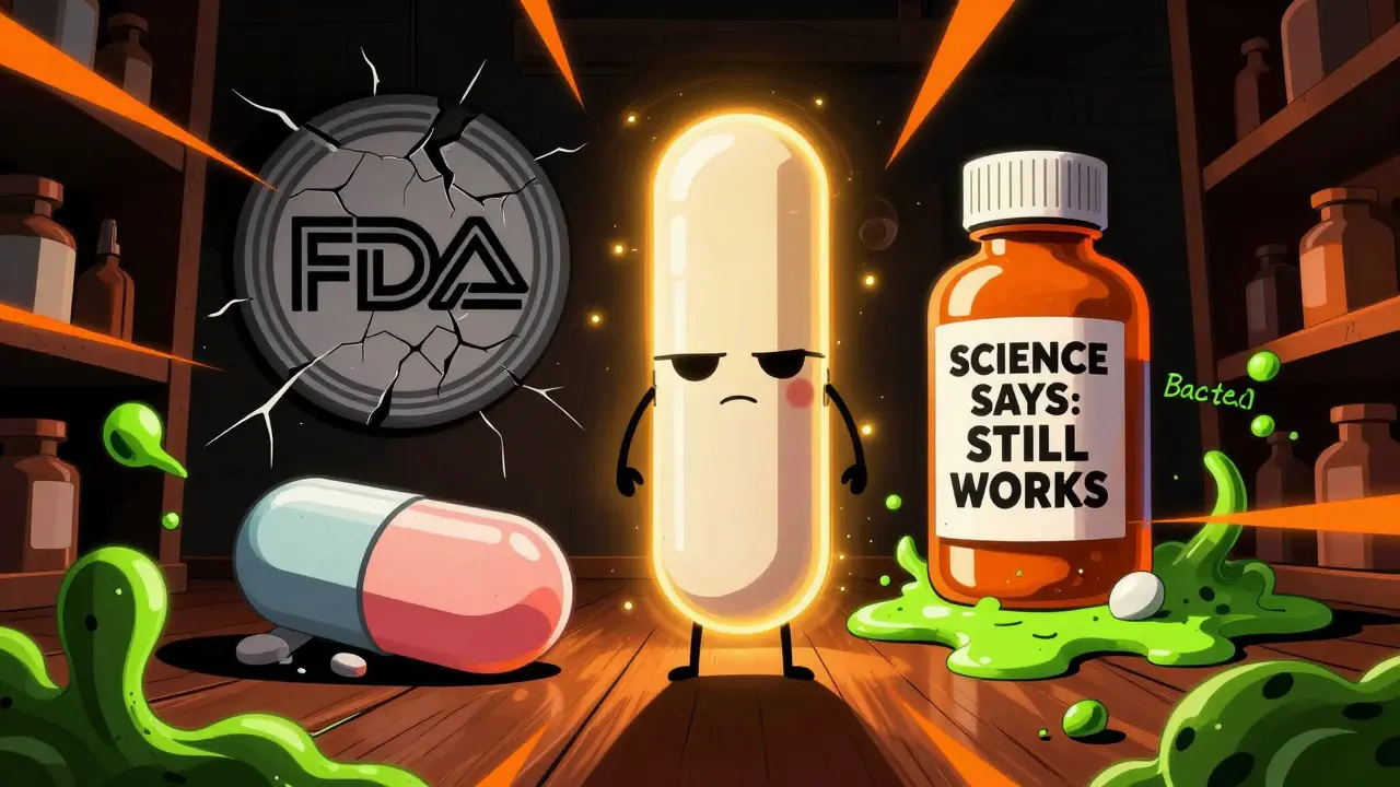 A heroic aspirin tablet fighting a slimy liquid antibiotic in a dark pantry.