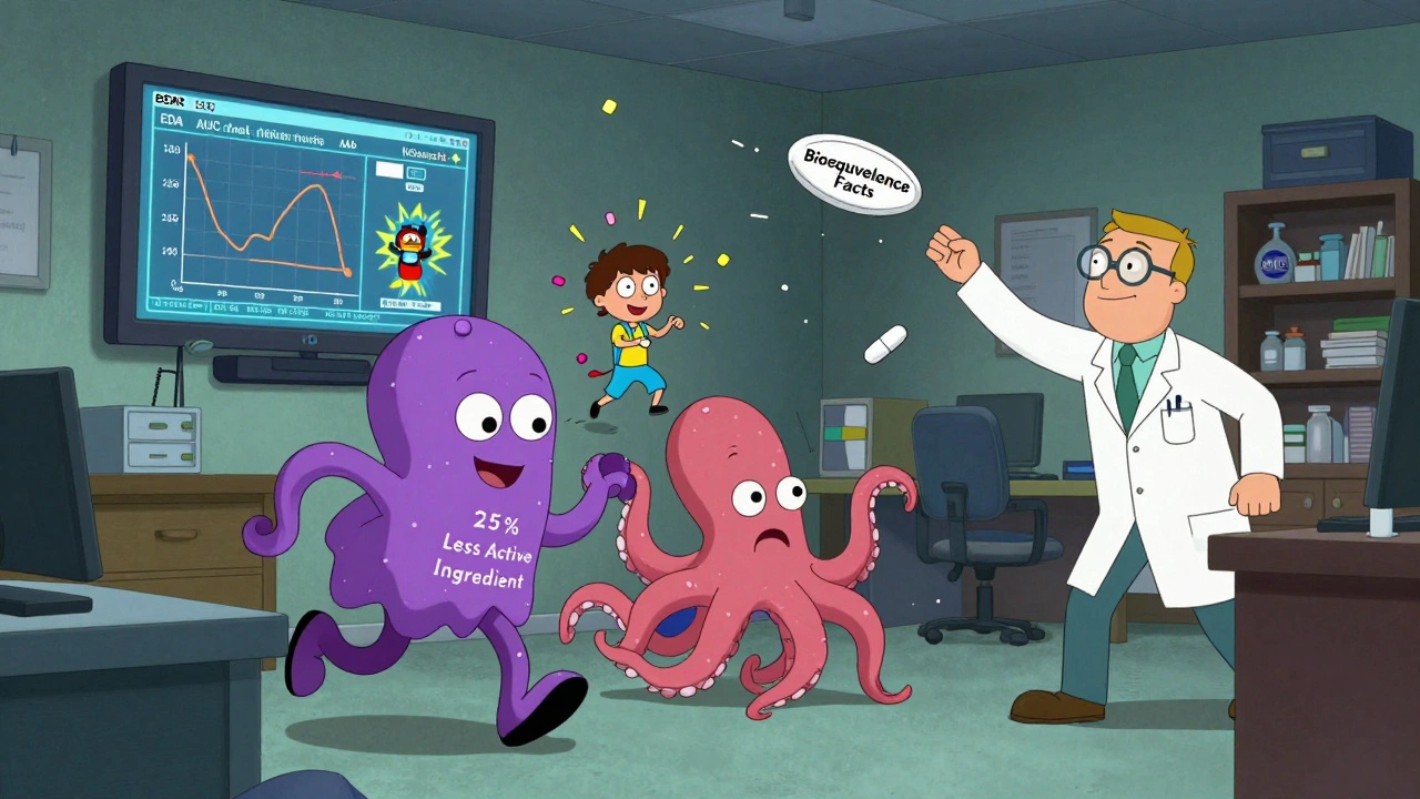 A neurologist dodges myth-themed monsters while a pharmacist throws facts that defeat them, with clinical data floating in the background.