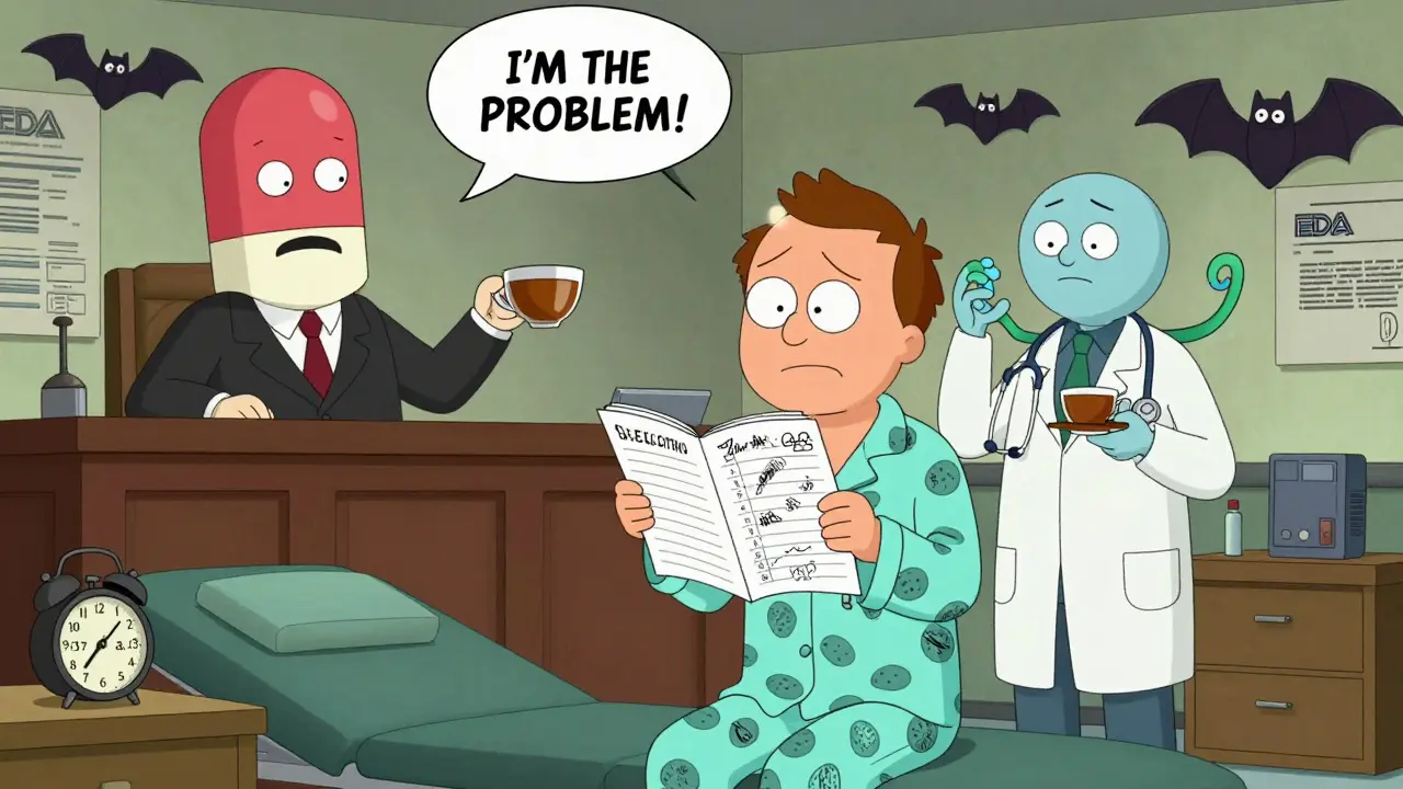 A patient in a doctor’s office with giant arguing statin pills and a dream-filled sleep log.