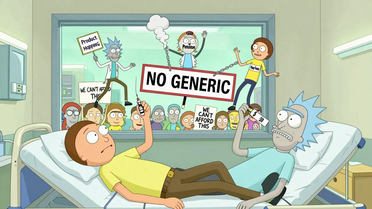 A patient struggles with expensive insulin while three anti-competitive drug companies dance above.