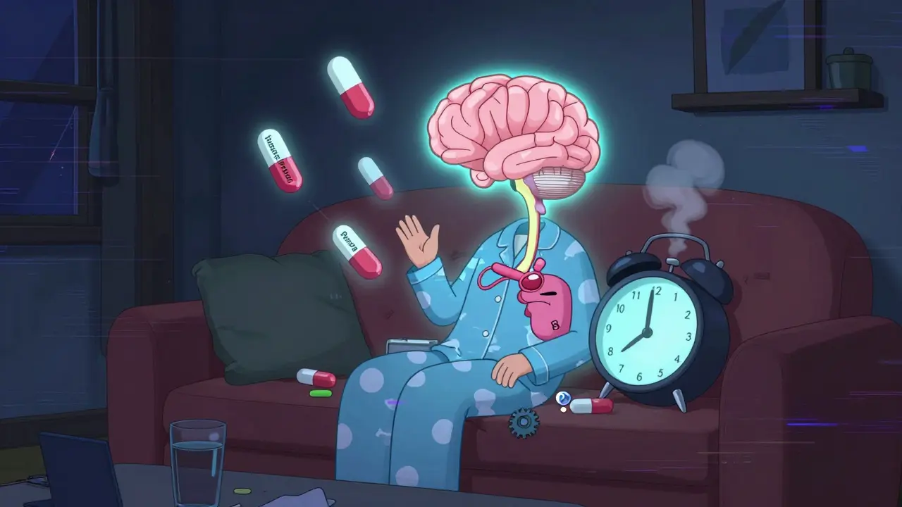 A patient surrounded by shrinking prednisone pills as the HPA axis wakes up like a clock with steam puffing out.