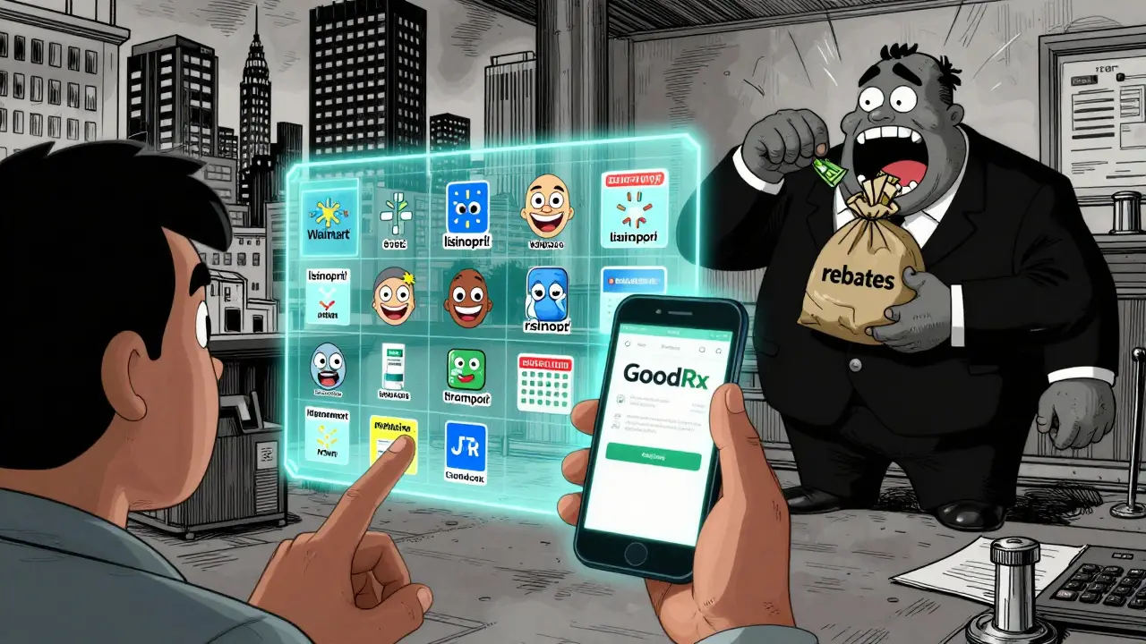A person using a smartphone app that projects a holographic price map of pharmacies with exaggerated cartoon faces and a PBM monster swallowing cash.