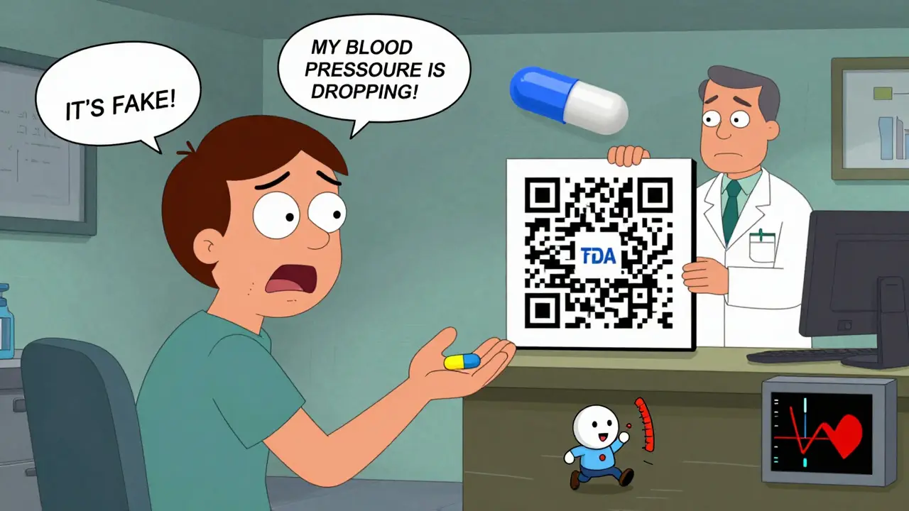 A person watching their pill change colors in panic, while a pharmacist shows a QR code projecting a 3D pill model.