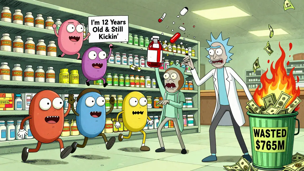 A pharmacy shelf with cheerful expired pills bouncing while lab workers discard dangerous ones.