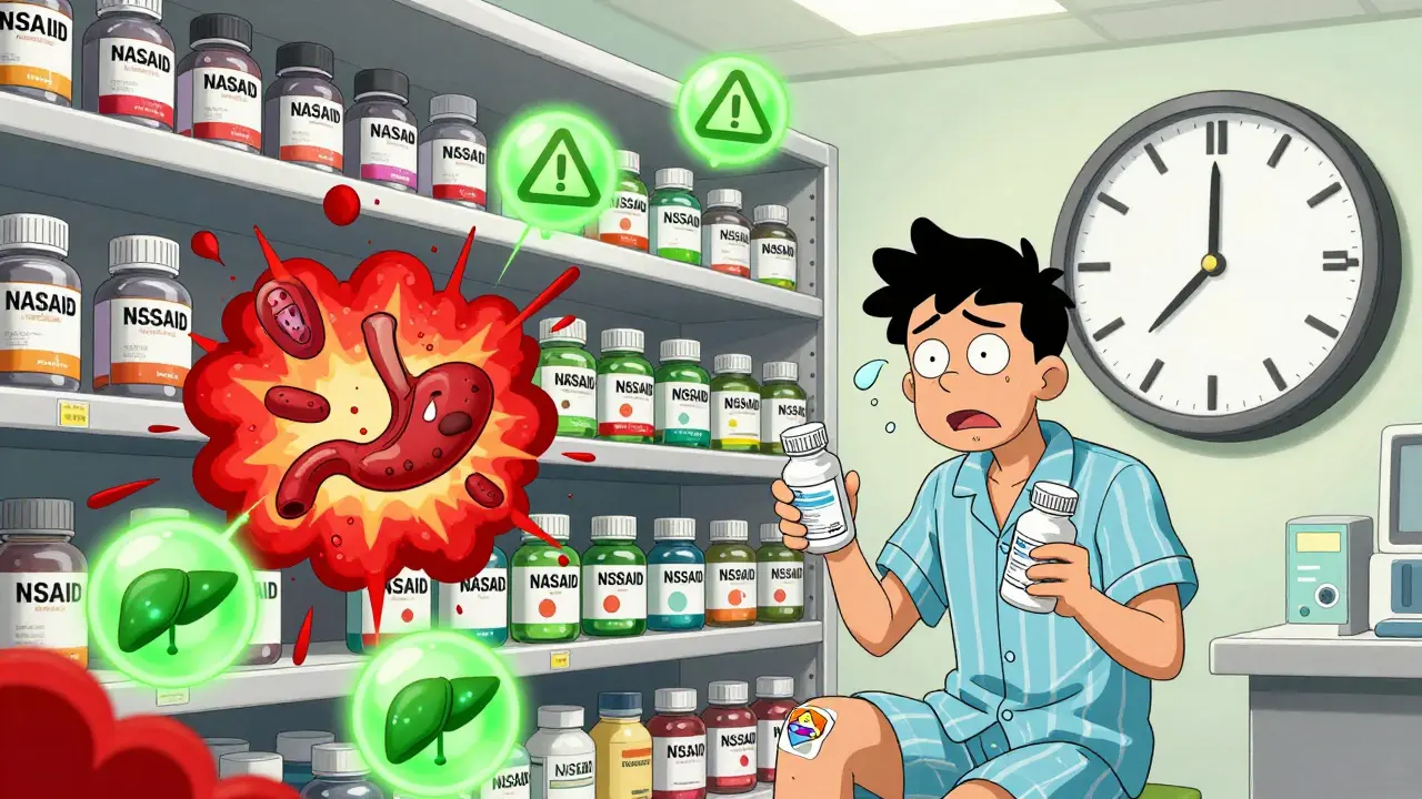 A pharmacy shelf with exploding NSAIDs and liver-warning acetaminophen bottles, a confused patient holding both.