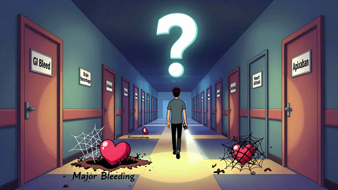 A surreal hospital hallway where apixaban safely leads while rivaroxaban and dabigatran face dangers labeled with medical risks.