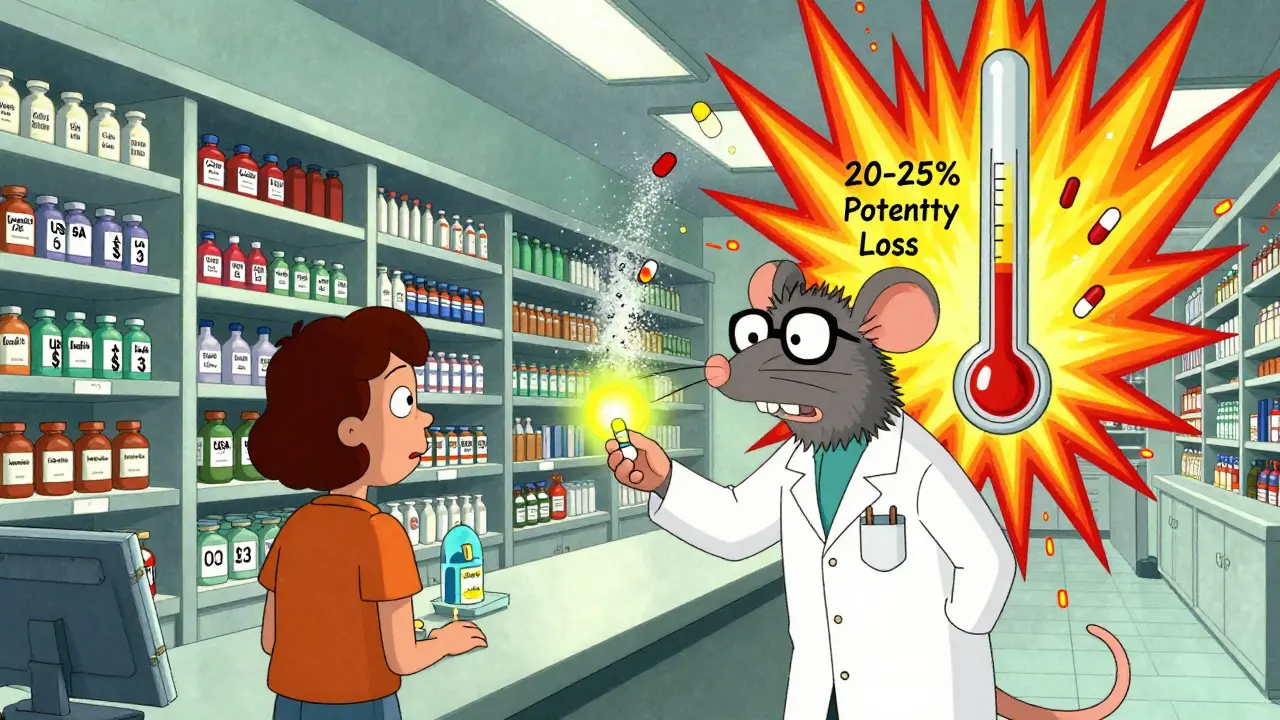 A surreal pharmacy with price tags for pills in different countries, heat waves melting medications.