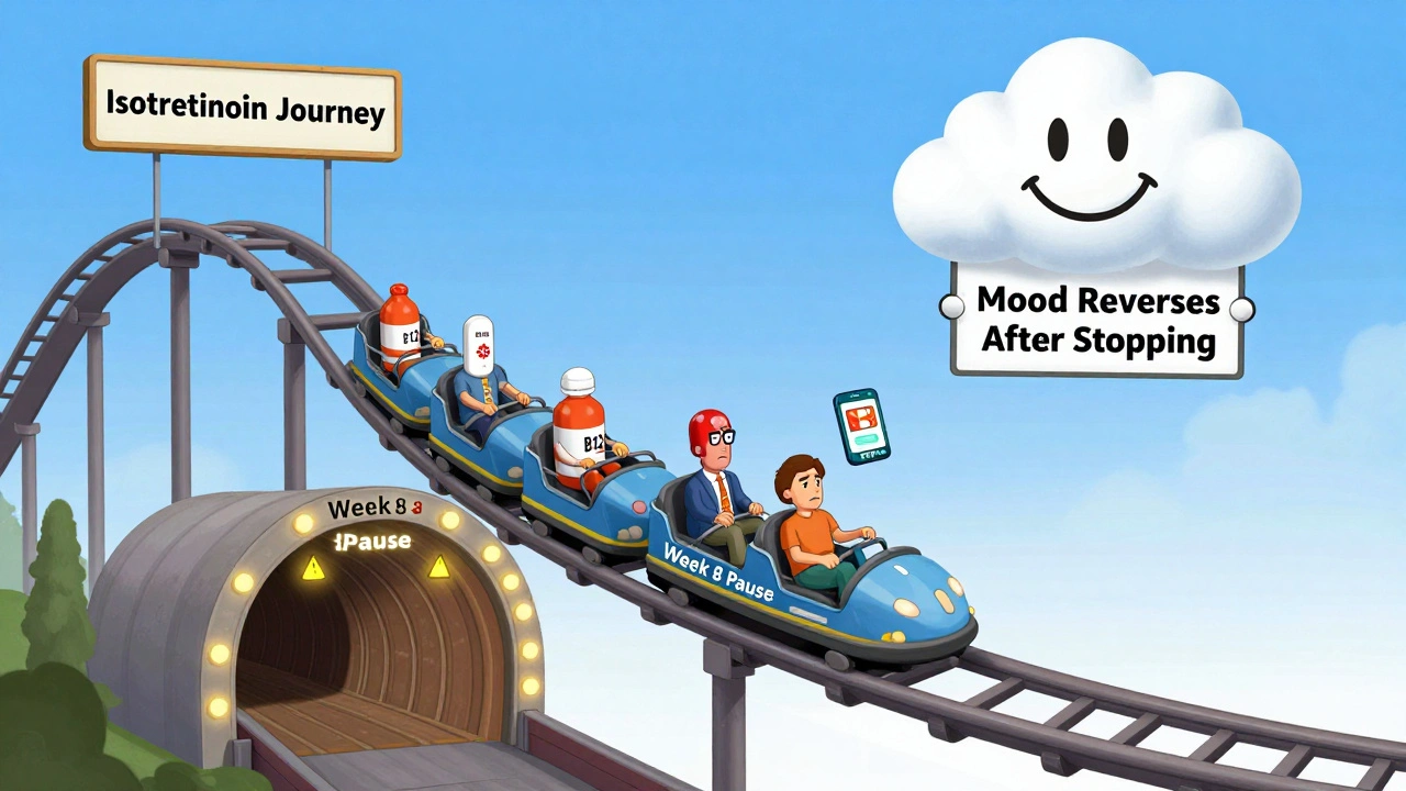 A surreal rollercoaster labeled 'Isotretinoin Journey' with a pill-headed passenger, B12 lifeguard, and PHQ-9 app operator, dipping into a Week 8 pause tunnel.