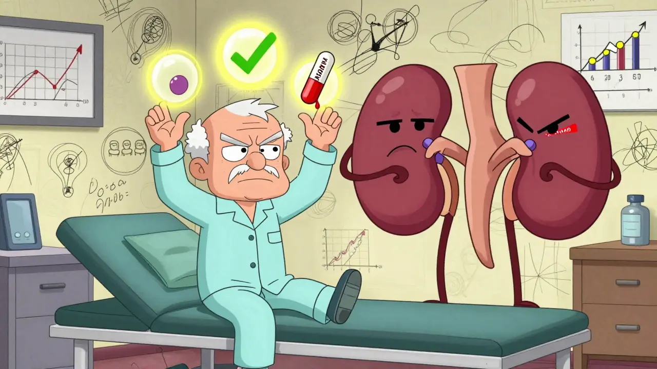 An elderly patient choosing between three pills, each with visual warnings for bleeding and heart risks, in a doctor's office.