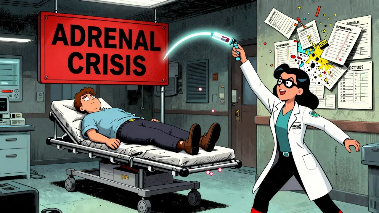 An ER scene with a patient in crisis as a superheroine throws an ACTH test that explodes charts into cortisol confetti.