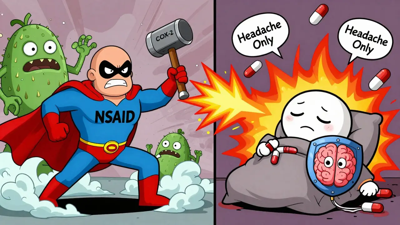 An NSAID superhero smashing inflammation monsters while acetaminophen looks powerless beside it.
