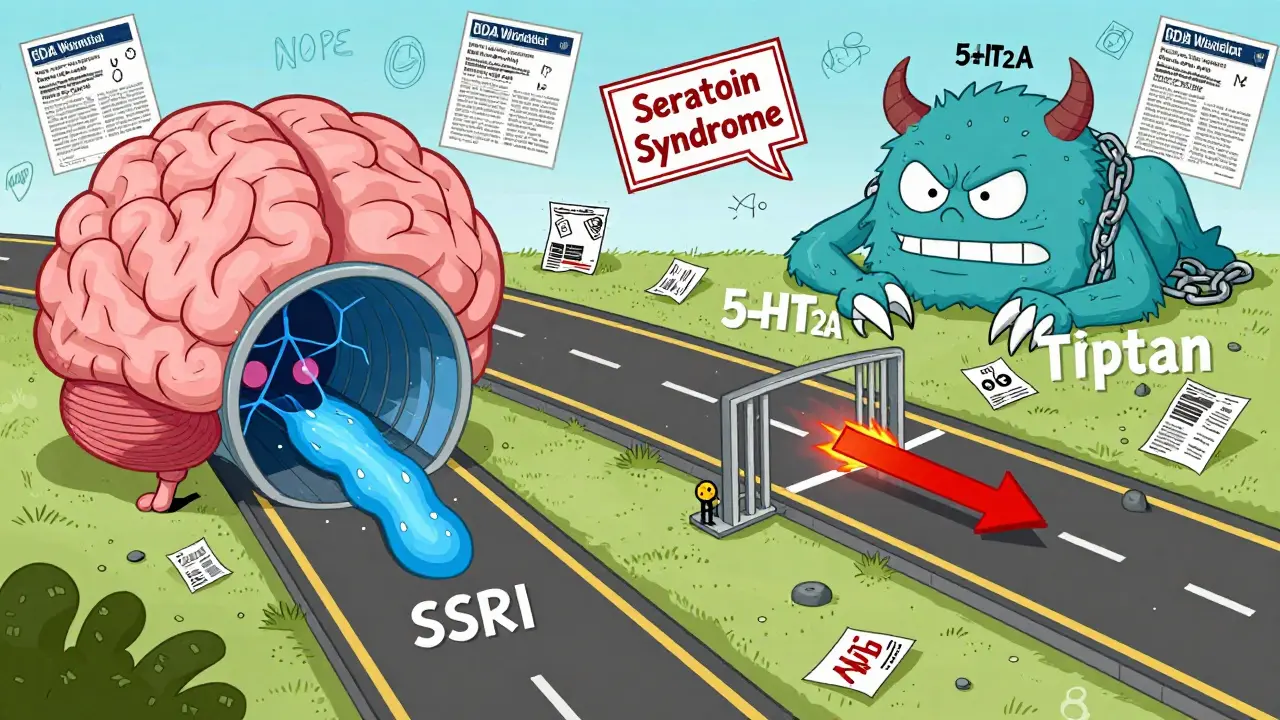 Brain with two highways: SSRI flowing blue, triptan targeting safe receptors, while serotonin syndrome monster sleeps chained in background.